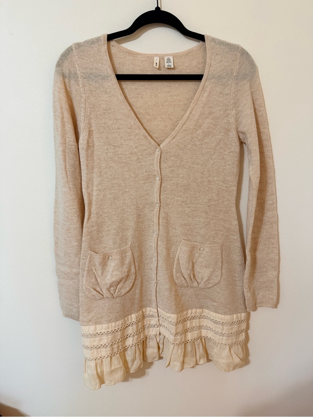 Anthropologie Moth Beige V-Neck Button Front Cardigan with Ruffle Hem